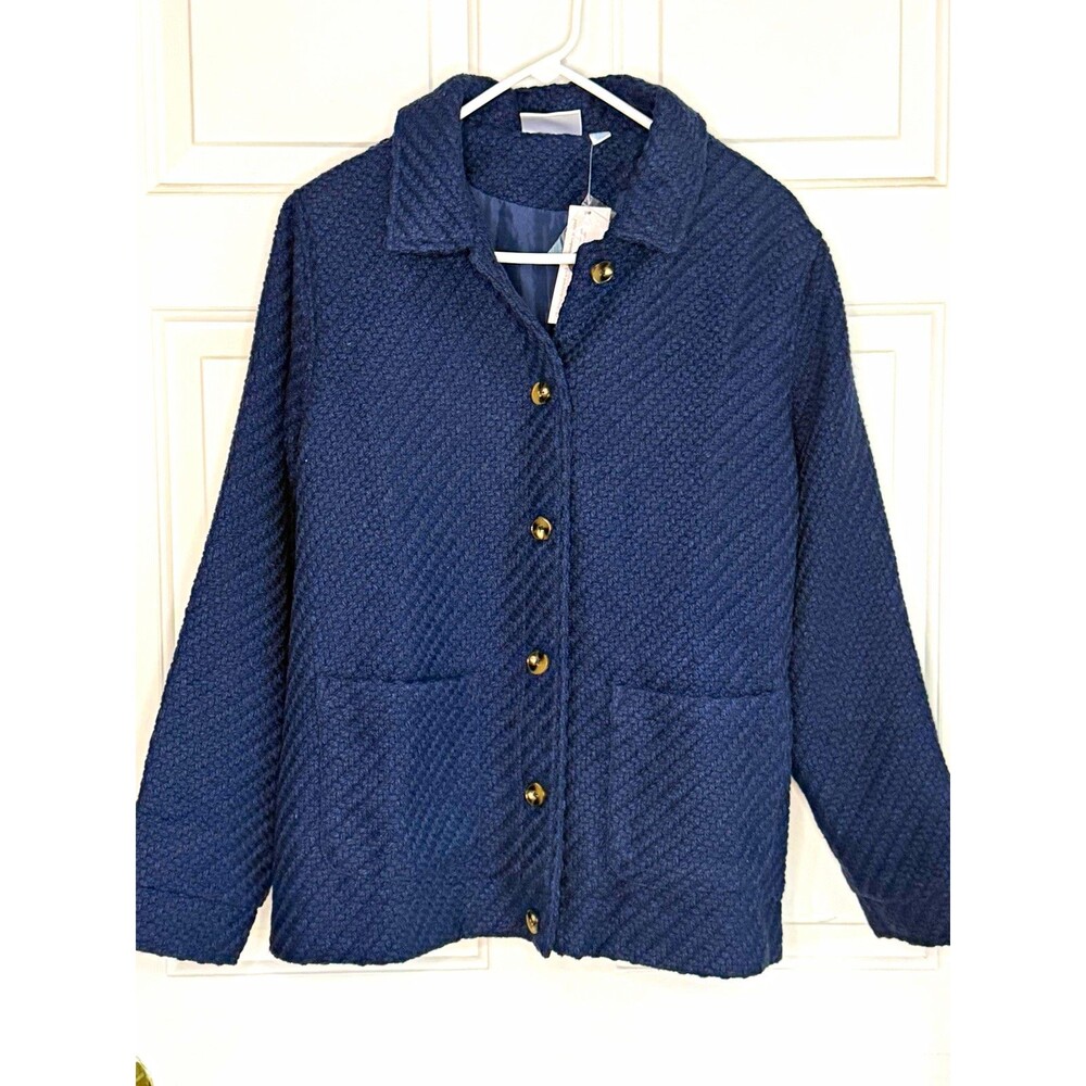National Blue Solid Button-Front Collared Lined Pocket Jacket Women’s 1X